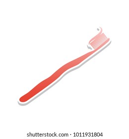Toothbrush with applied toothpaste portion. Vector. Reddish icon with white and gray shadow on white background. Isolated.