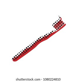 Toothbrush with applied toothpaste portion. Vector. Brown icon with shifted black circle pattern as duplicate at white background. Isolated.