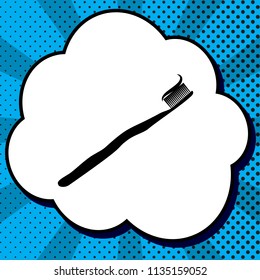 Toothbrush with applied toothpaste portion. Vector. Black icon in bubble on blue pop-art background with rays.