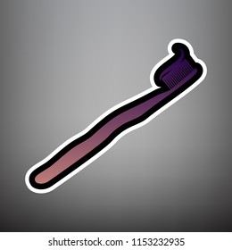 Toothbrush with applied toothpaste portion. Vector. Violet gradient icon with black and white linear edges at gray background.