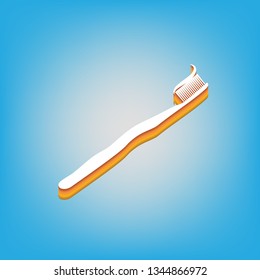 Toothbrush with applied toothpaste portion. Vector. White icon with 3d warm-colored gradient body at sky blue background.
