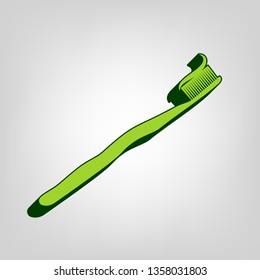 Toothbrush with applied toothpaste portion. Vector. Yellow green solid icon with dark green external body at light colored background.