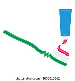 Toothbrush With Applied Toothpaste Portion Vector Outline Illustration. Toothbrush Isolated On White Background