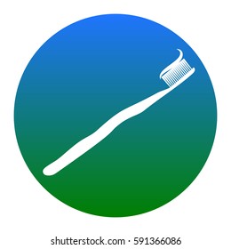 Toothbrush with applied toothpaste portion. Vector. White icon in bluish circle on white background. Isolated.