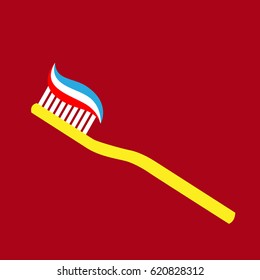 Toothbrush with applied toothpaste portion. toothbrush vector on red background