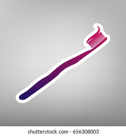Toothbrush with applied toothpaste portion. Vector. Purple gradient icon on white paper at gray background.