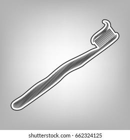Toothbrush with applied toothpaste portion. Vector. Pencil sketch imitation. Dark gray scribble icon with dark gray outer contour at gray background.