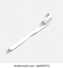 Toothbrush with applied toothpaste portion. Vector. White icon with soft shadow on transparent background.