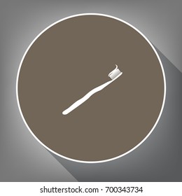 Toothbrush with applied toothpaste portion. Vector. White icon on brown circle with white contour and long shadow at gray background. Like top view on postament.