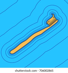 Toothbrush with applied toothpaste portion. Vector. Sand color icon with black contour and equidistant blue contours like field at sky blue background. Like waves on map - island in ocean or sea.