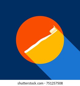 Toothbrush with applied toothpaste portion. Vector. White icon on tangelo circle with infinite shadow of light at cool black background. Selective yellow and bright navy blue are produced.