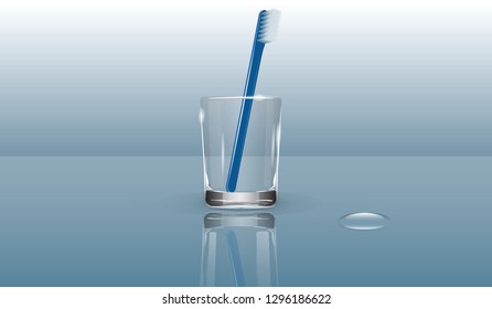 Toothbrush, blue, realistic, in a transparent glass, a drop of water - a glass reflection - vector.