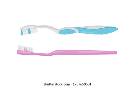 Toothbrush with Bristles and Handle as Oral Hygiene Instrument Vector Set