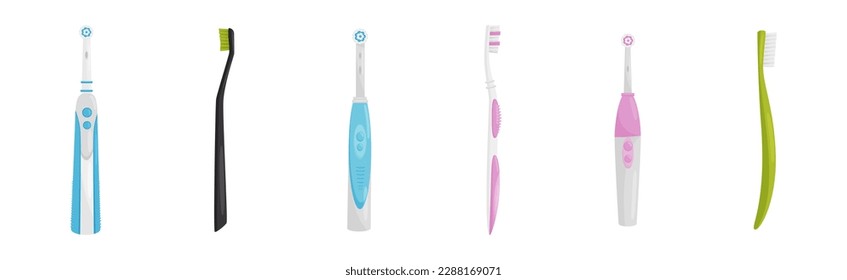 Toothbrush with Bristles and Handle as Oral Hygiene Instrument Vector Set