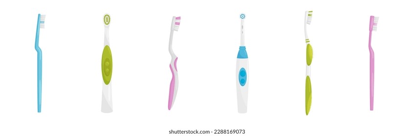 Toothbrush with Bristles and Handle as Oral Hygiene Instrument Vector Set