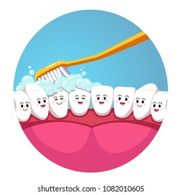 Toothbrush brushing smiling teeth characters in mouth. Tooth brushing inside mouth view. Teeth hygiene concept. Toothpaste foam. Flat vector illustration isolated on white background