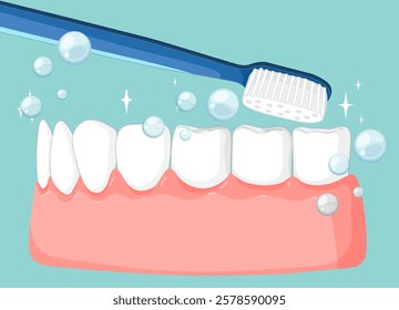 Toothbrush cleaning teeth with bubbles and sparkles