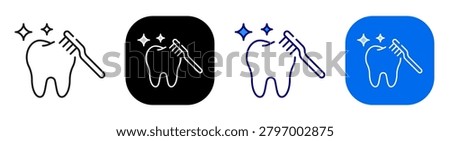 Toothbrush cleaning tooth representing dental hygiene and oral care routine. Line, filled, black, color set. Editable stroke
