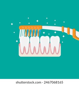 Toothbrush cleans teeth. Brushing teeth. Dental equipment. Hygiene and oralcare. Vector illustration in flat style