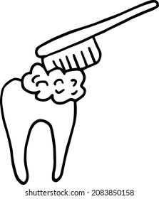 Toothbrush cleans tooth toothpaste. Simple hand-drawn doodle isolate. Black and white vector illustration.