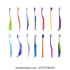 Toothbrush collection. Cartoon dental brush with bristle, teeth hygiene and enamel protection tools, oral health concept. Vector isolated set. Colorful objects for care and daily routine