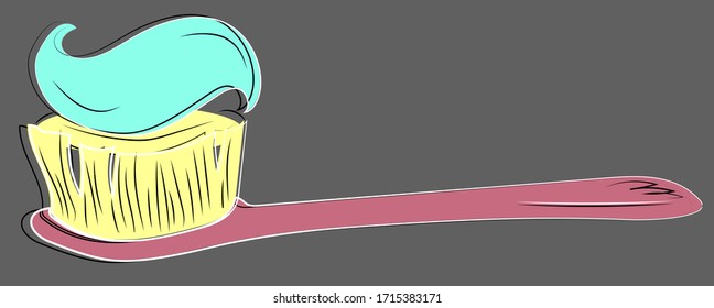 Zahnbürste mit farbiger Zahnpasta, Pflege der Mundhöhle und der Zähne, Vektorillustration. Die Teethbürste ist handgezeichnet mit Paste.
