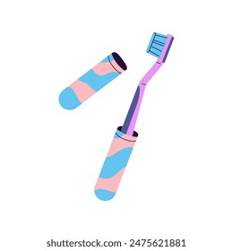 Toothbrush in colourful patterned case. Tooth brush for oral health care, cleaning mouth, water treatments. Protection accessory for dental hygiene tool. Flat isolated vector illustration on white