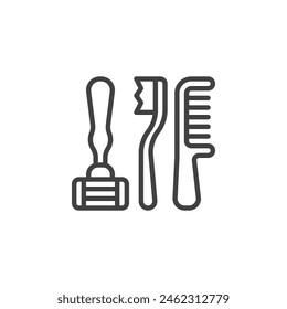 Toothbrush with comb and razor line icon. linear style sign for mobile concept and web design. Personal hygiene products outline vector icon. Symbol, logo illustration. Vector graphics