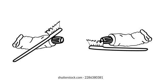Toothbrush and container. Cartoon healthy, toothpaste. Molar line pattern. Vector drawing Tooth brush, tube icon. Damage teeth or tooth with caries. For mouth and dental, damaged. tooth brush icon.