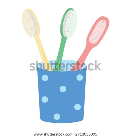 Toothbrush cup, polka dot holder. Brush cup illustration, bathroom accessory. Toothbrush holder, dental kit cup