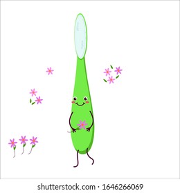 Toothbrush. Cute cartoon character smiling. Caricature, animation. Vector graphics. For advertising, children's decor, packaging, brochures.