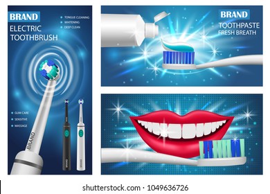 Toothbrush dental banner concept set. Realistic illustration of 3 toothbrush dental vector banner horizontal concepts for web