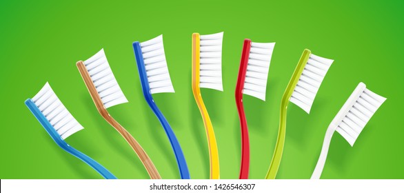 Toothbrush. Dental broom. Coloured set for tooth hygiene. Stomatology prophylaxis equipment. Green background. Eps10 vector illustration.