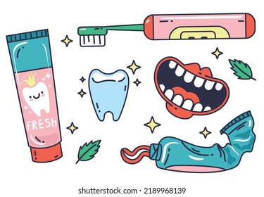 Toothbrush dental hygiene vector oral care toothpaste mouthwash abstract isolated line doodle set. Vector graphic design illustration