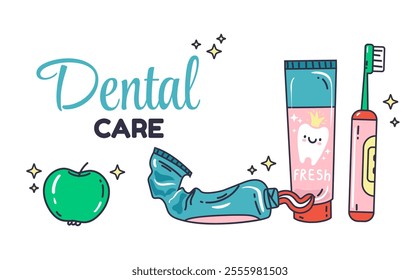 Toothbrush dental hygiene vector oral care toothpaste mouthwash abstract isolated line doodle set. Vector graphic design illustration	