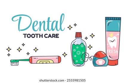 Toothbrush dental hygiene vector oral care toothpaste mouthwash abstract isolated line doodle set. Vector graphic design illustration	