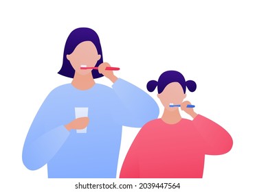 Toothbrush and dental morning routine concept. Vector flat people illustration. Female mother with daughter toothbrushing isolated on white background. Design for healthcare.