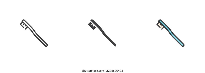 Conjunto de iconos de estilos diferentes para cepillos de dientes. Línea, glifo y contorno relleno versión colorida, contorno y signo vectorial relleno. Símbolo, ilustración del logotipo. Gráficos vectoriales