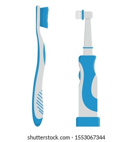 Toothbrush and electric toothbrush blue color cartoon isolated on white background. Teeth protection, oral care, dental health concept for poster, banner. Vector illustration for any design.
