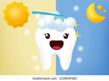 Toothbrush emoji characters vector design. Day and night teeth brushing healthy molar hygiene with healthy and protected tooth emoticon in blue background for kids oral health hygiene.