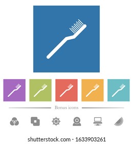 Toothbrush flat white icons in square backgrounds. 6 bonus icons included.