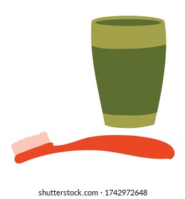toothbrush and glass, flat, isolated object on a white background, vector illustration,