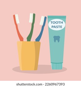 Cepillo de dientes en un vidrio con pasta de dientes en la ilustración plana de fondo rosa.