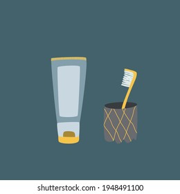 Toothbrush in glass and toothpaste in tube isolated on background. Dental, health, self care vector Illustration