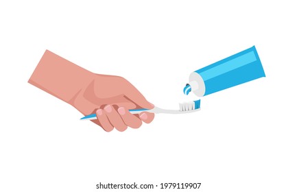 Toothbrush in hand and toothpaste. Flat color vector illustration isolated on white background.