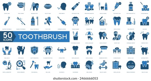 Zahnbürsten-Symbol. Zahnpflege, Mundhygiene, Zähneputzen, Gesundes Lächeln, Frischer Atem, Zahnpastatubus , Vorbeugung von Gingivitis, Zahnhygiene, Zahnpastazeit, Mundspülflasche