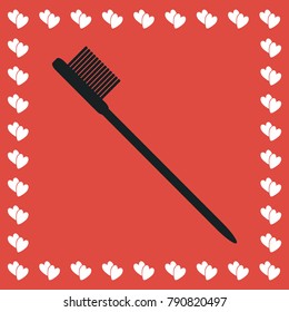 Toothbrush icon flat. Simple black pictogram on red background with white hearts for valentines day. Vector illustration symbol