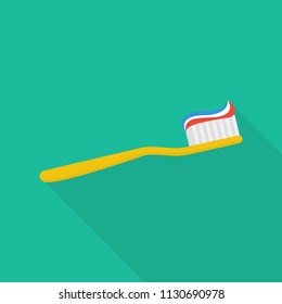 toothbrush icon in flat style with long shadow, isolated vector illustration on green transparent background