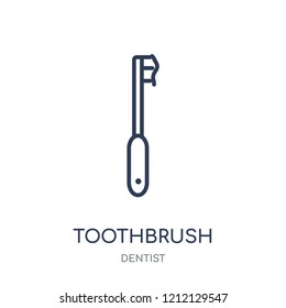 Toothbrush icon. Toothbrush linear symbol design from Dentist collection. Simple outline element vector illustration on white background.