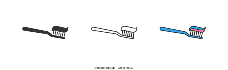 Toothbrush icon on light background. Tooth hygiene, dentist symbol. Healthcare, toothpaste, travel equipment, oral cleaning. Outline, flat and colored style. Flat design. 